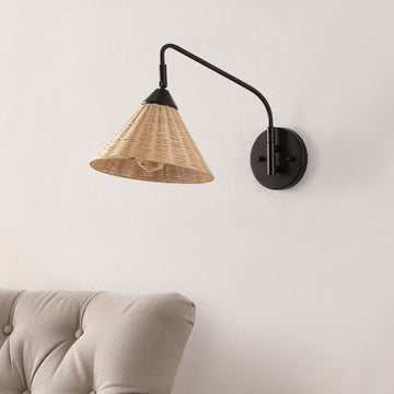 Kiawah 11" 1-Light Vintage Coastal Rattan/Metal Swing Arm LED Sconce - JONATHAN Y